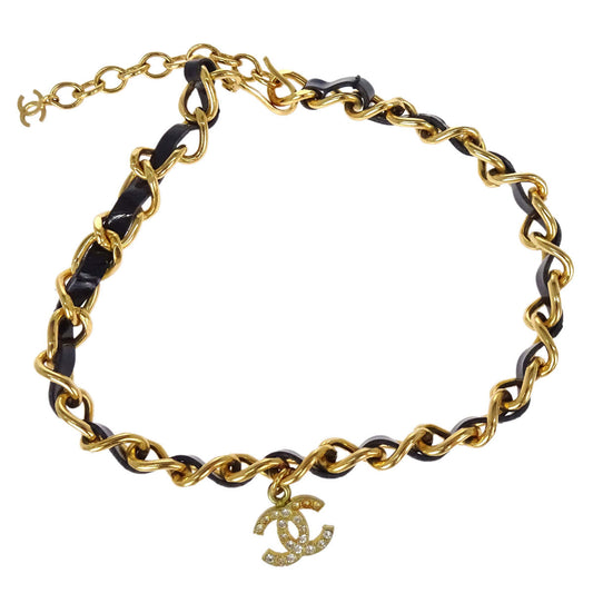 Chanel Gold Black CC Patent Leather Rhinestone Choker Necklace 95A