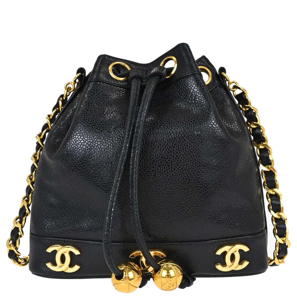 Chanel 1994-1996 Black Caviar Skin Triple CC Drawstring Shoulder Bag