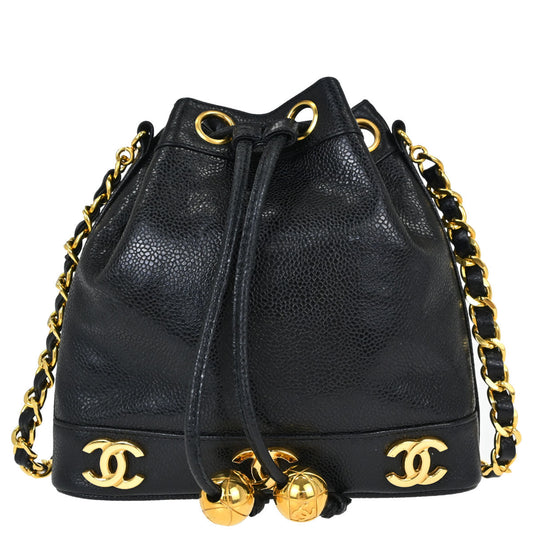 Chanel 1994-1996 Black Caviar Skin Triple CC Drawstring Shoulder Bag