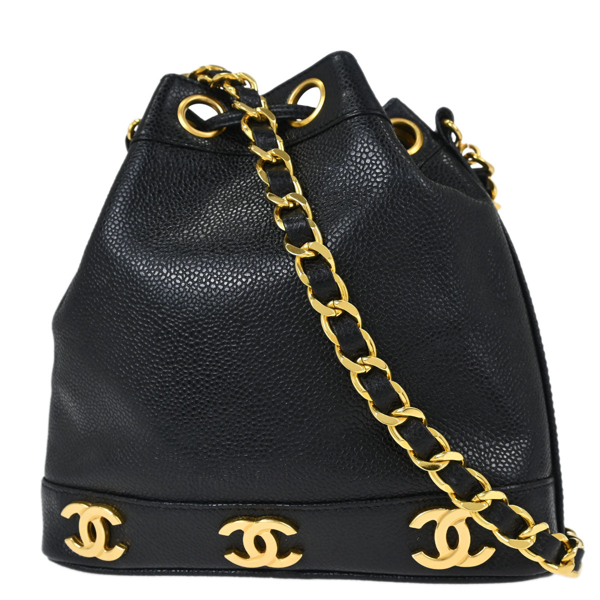Chanel 1994-1996 Black Caviar Skin Triple CC Drawstring Shoulder Bag