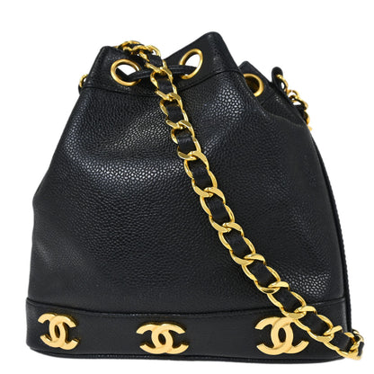 Chanel 1994-1996 Black Caviar Skin Triple CC Drawstring Shoulder Bag