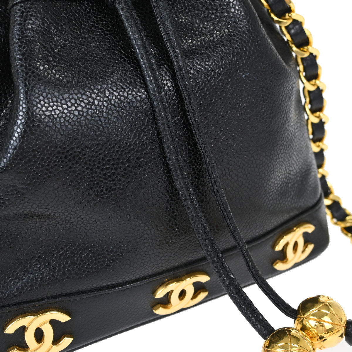 Chanel 1994-1996 Black Caviar Skin Triple CC Drawstring Shoulder Bag