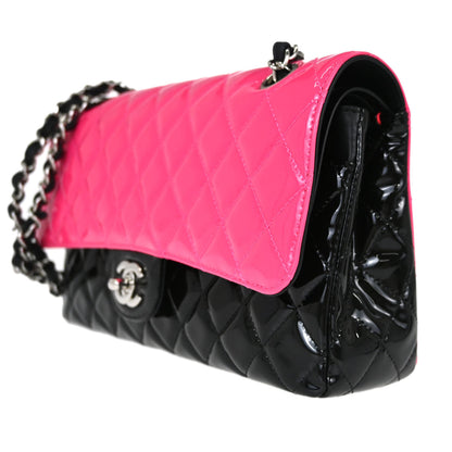 Chanel Black Pink Patent Leather Medium Classic Double Flap Shoulder Bag