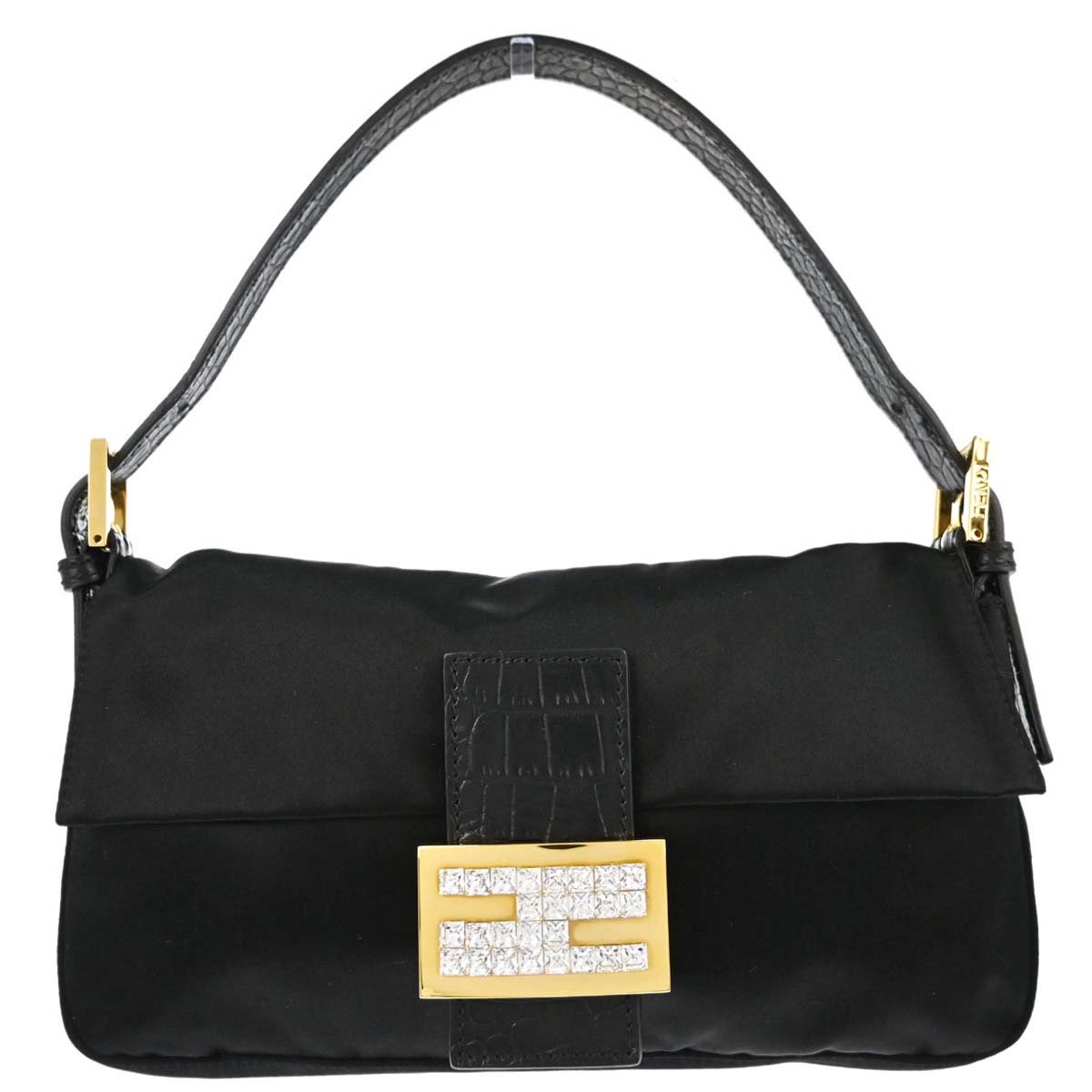 Fendi Black Satin Embossed Leather Baguette Handbag