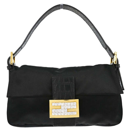 Fendi Black Satin Embossed Leather Baguette Handbag