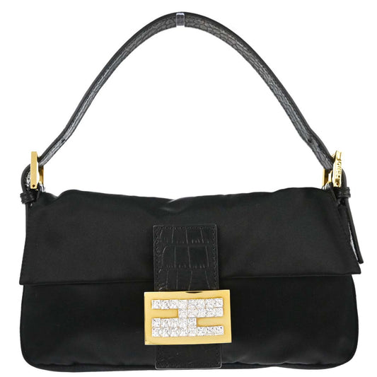 Fendi Black Satin Embossed Leather Baguette Handbag