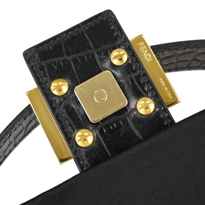 Fendi Black Satin Embossed Leather Baguette Handbag