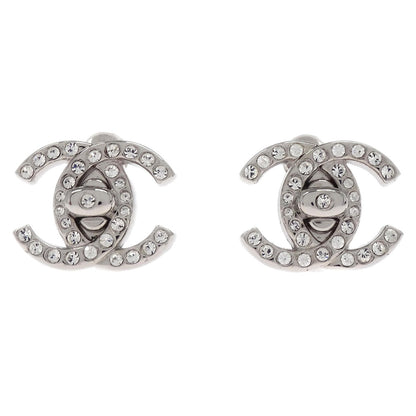 Chanel CC Turnlock Clip-On Earrings Silver Rhinestone Small 96A