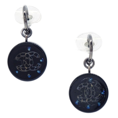Chanel Button Dangle Pierced Earrings Black 06A