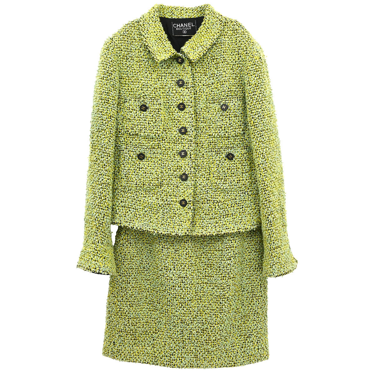 Chanel Tweed Setup Suit Jacket Skirt Green