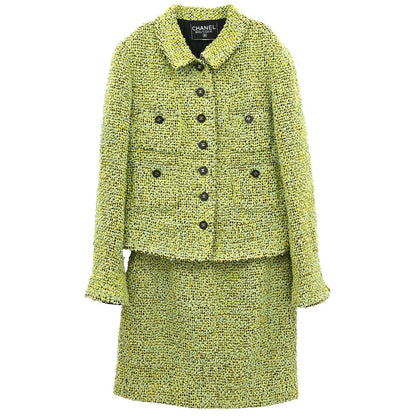 Chanel Tweed Setup Suit Jacket Skirt Green
