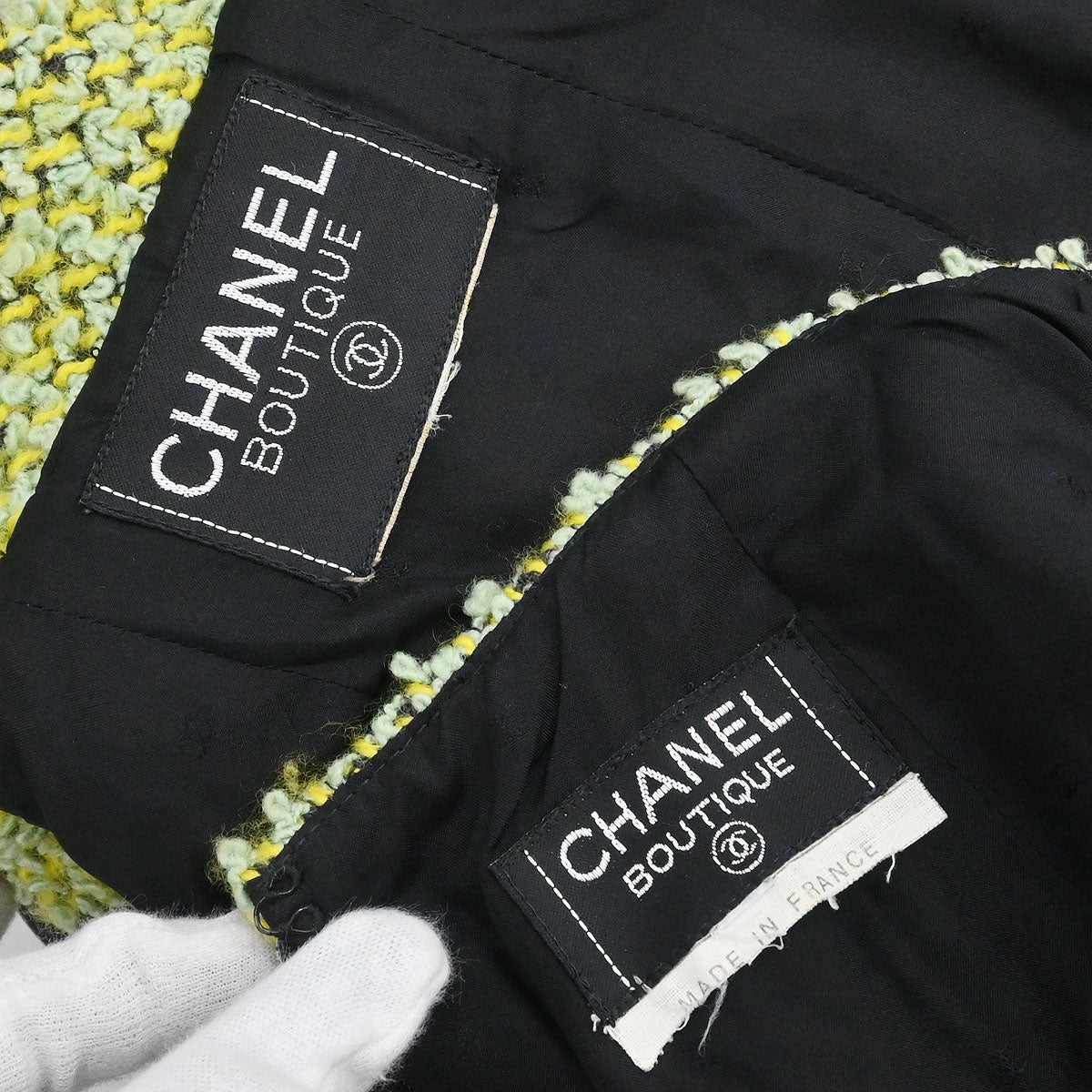 Chanel Tweed Setup Suit Jacket Skirt Green