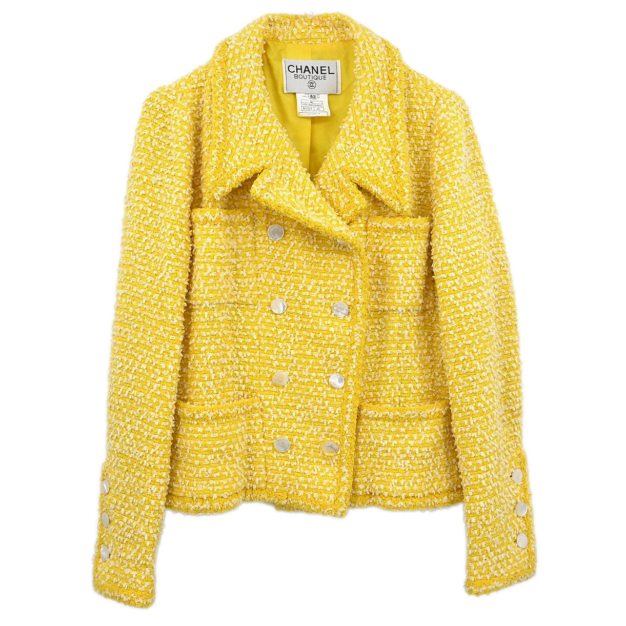 Chanel 1996 Double Breasted Jacket Tweed Yellow #42