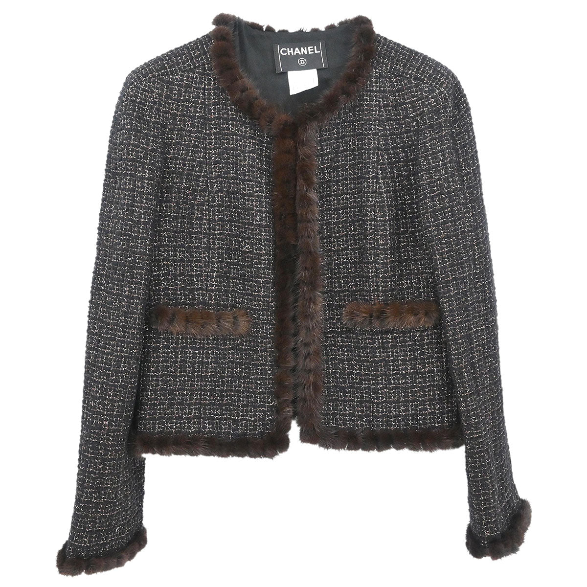 Chanel 2003 Collarless Single Breasted Tweed Jacket Brown #42