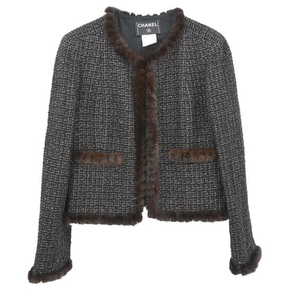 Chanel 2003 Collarless Single Breasted Tweed Jacket Brown #42