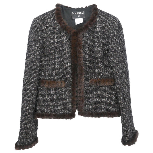 Chanel 2003 Collarless Single Breasted Tweed Jacket Brown #42