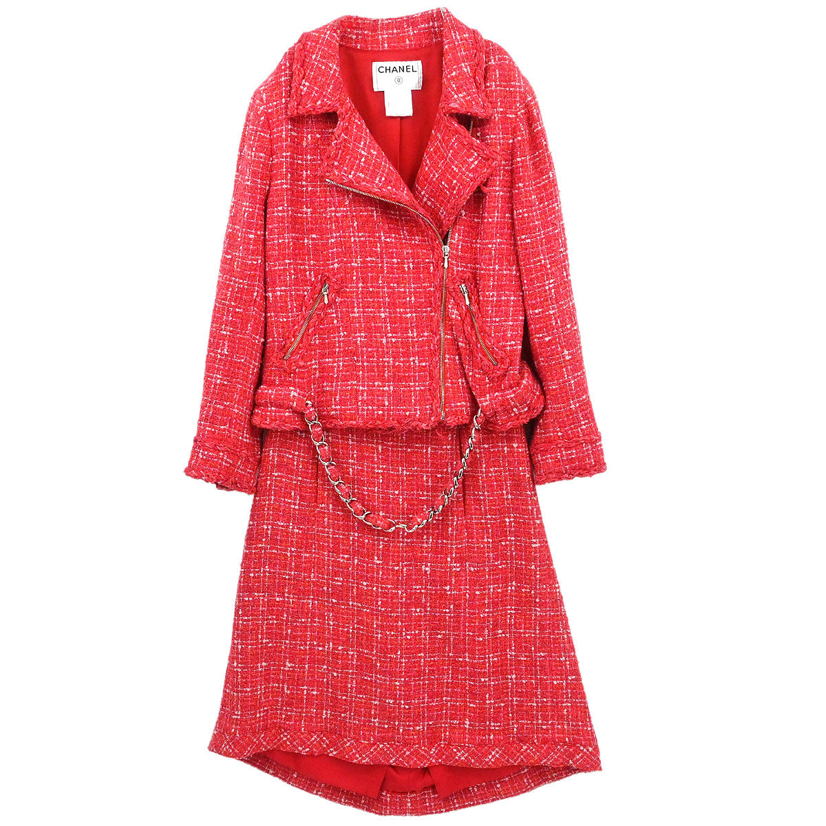 Chanel 2006 Setup Suit Jacket Skirt Tweed Red #42 #40