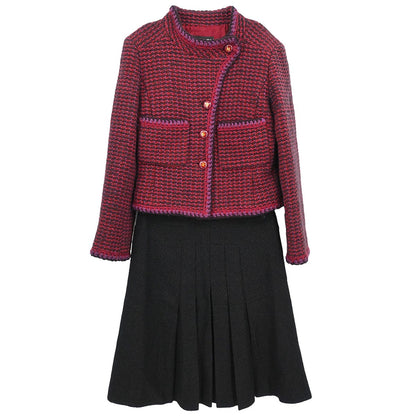 Chanel 2001 Setup Suit Jacket Skirt Tweed Red Black #36 #34