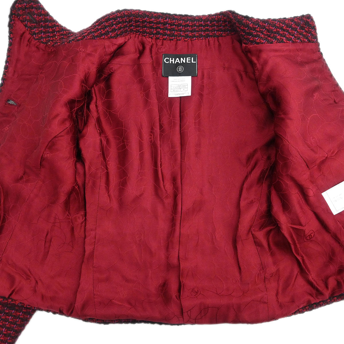 Chanel 2001 Setup Suit Jacket Skirt Tweed Red Black #36 #34