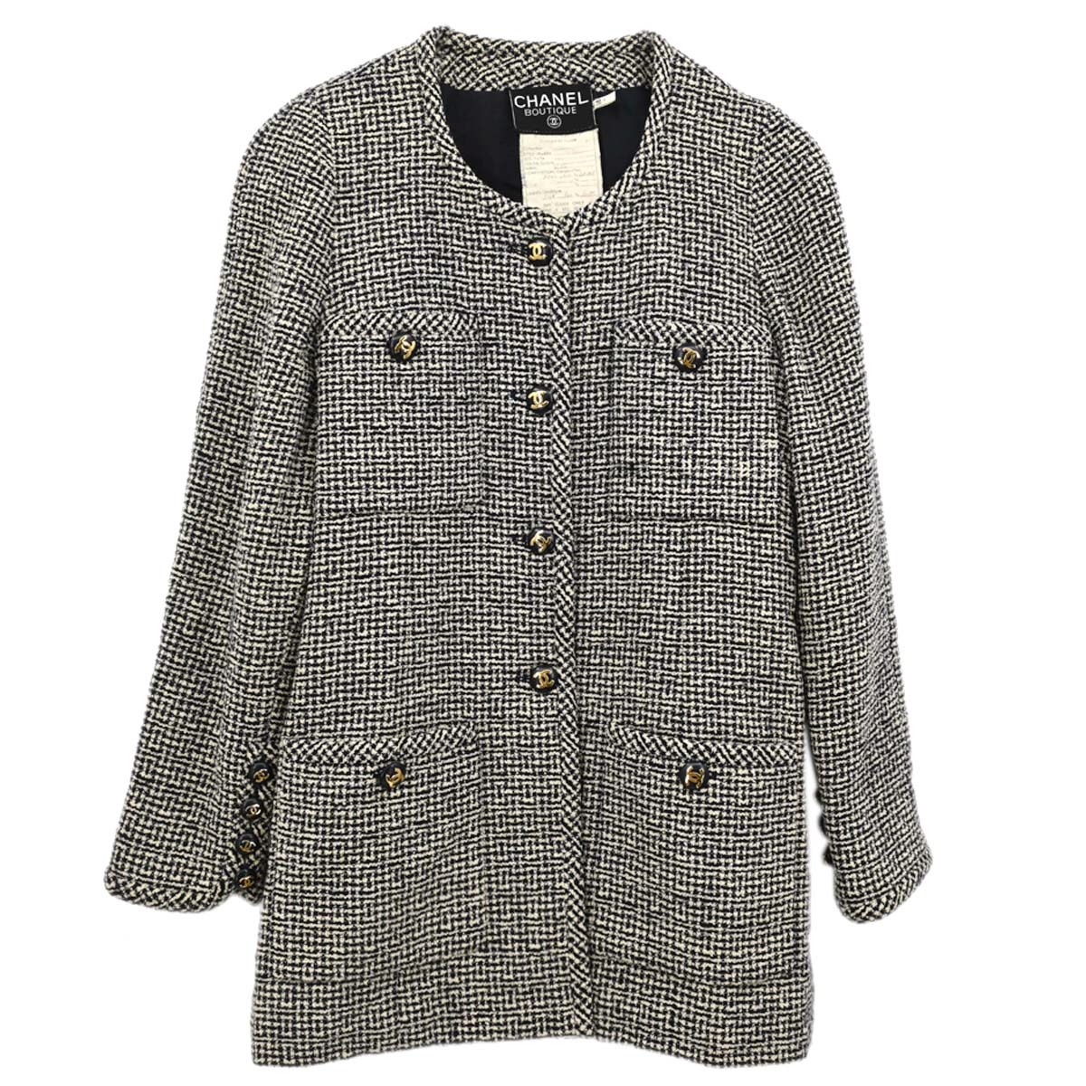 Chanel Collarless Jacket Tweed Black Ivory #36