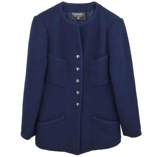 Chanel Single Breasted Collarless Jacket Navy