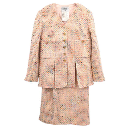 Chanel 1994 Setup Suit Jacket Skirt Tweed Pink #40