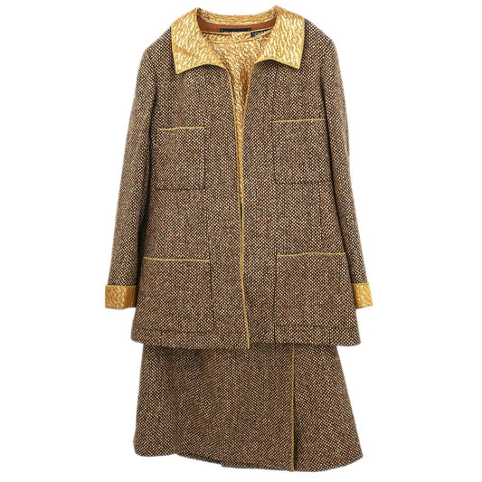 Chanel 1996 3 Setup Suit Jacket Top Skirt Brown #44