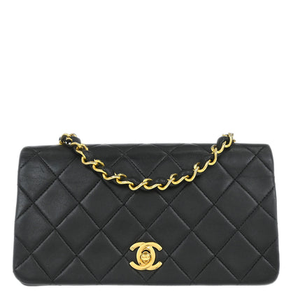 Chanel 1989-1991 Black Lambskin Turnlock Mini Full Flap Shoulder Bag