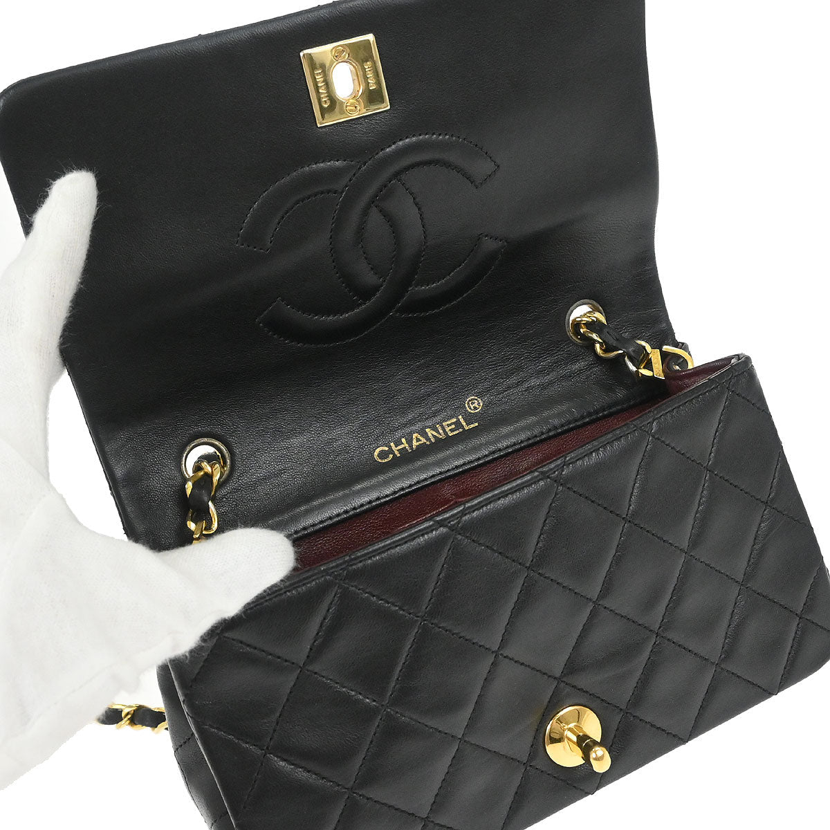 Chanel 1989-1991 Black Lambskin Turnlock Mini Full Flap Shoulder Bag