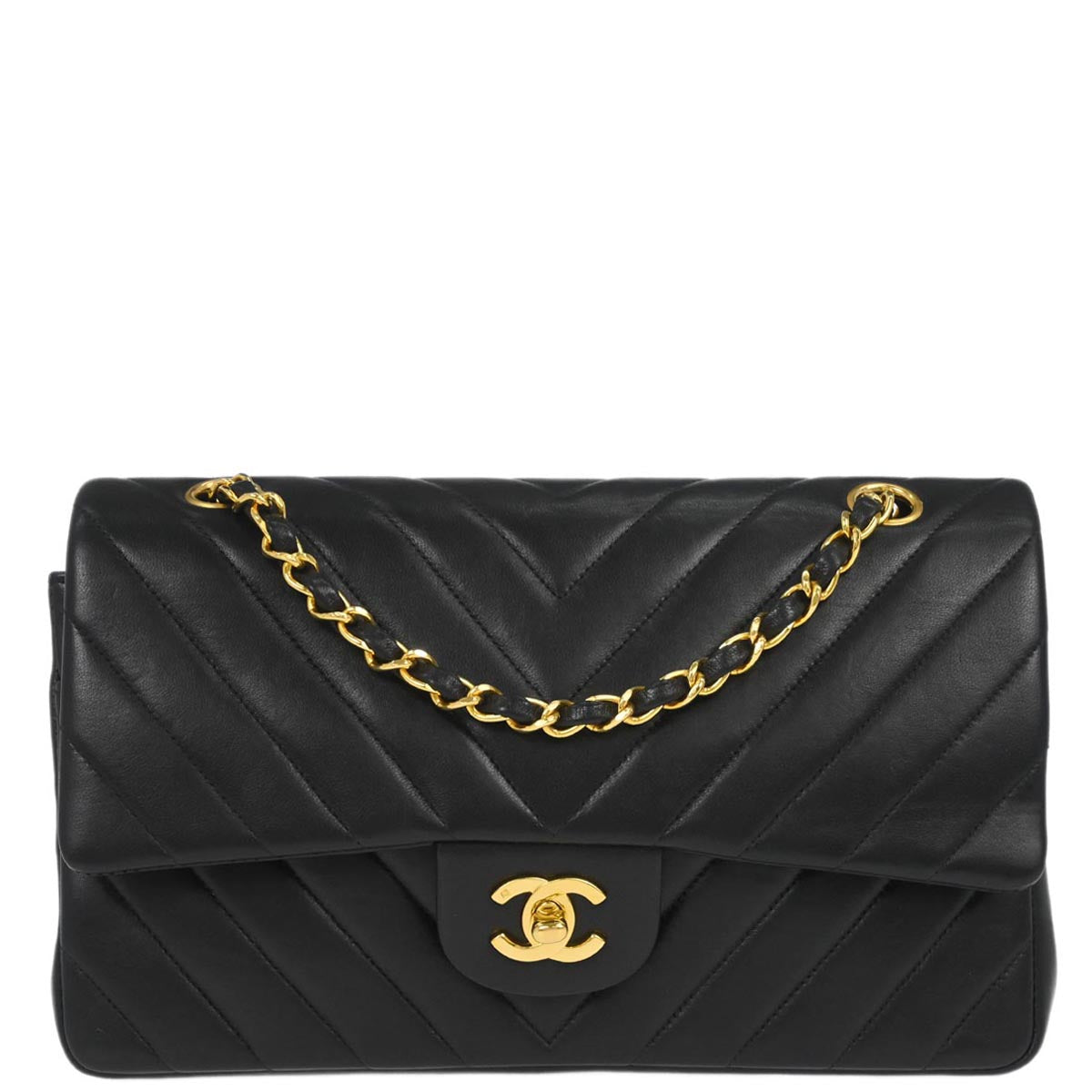 Chanel 1991-1994 Black Lambskin Chevron Medium Classic Double Flap Shoulder Bag