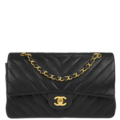 Chanel 1991-1994 Black Lambskin Chevron Medium Classic Double Flap Shoulder Bag