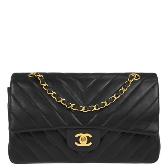 Chanel 1991-1994 Black Lambskin Chevron Medium Classic Double Flap Shoulder Bag