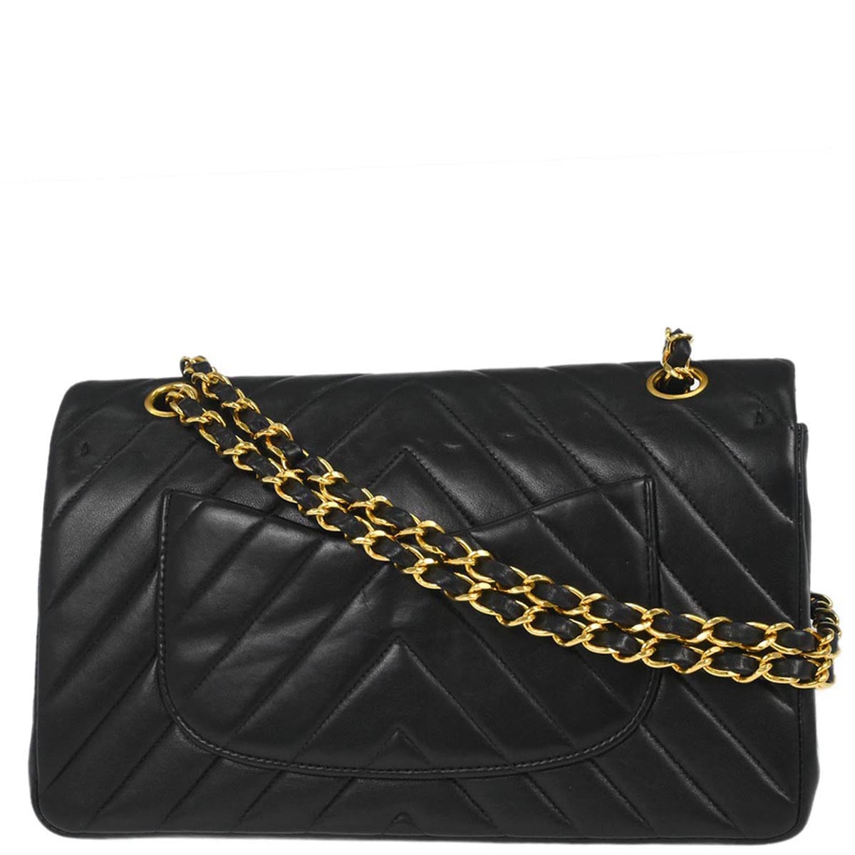 Chanel 1991-1994 Black Lambskin Chevron Medium Classic Double Flap Shoulder Bag