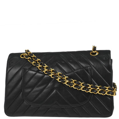 Chanel 1991-1994 Black Lambskin Chevron Medium Classic Double Flap Shoulder Bag