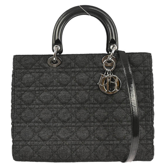 Christian Dior Black Denim Large Lady Dior Cannage 2way Shoulder Handbag