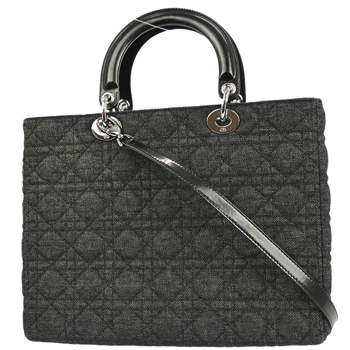 Christian Dior Black Denim Large Lady Dior Cannage 2way Shoulder Handbag