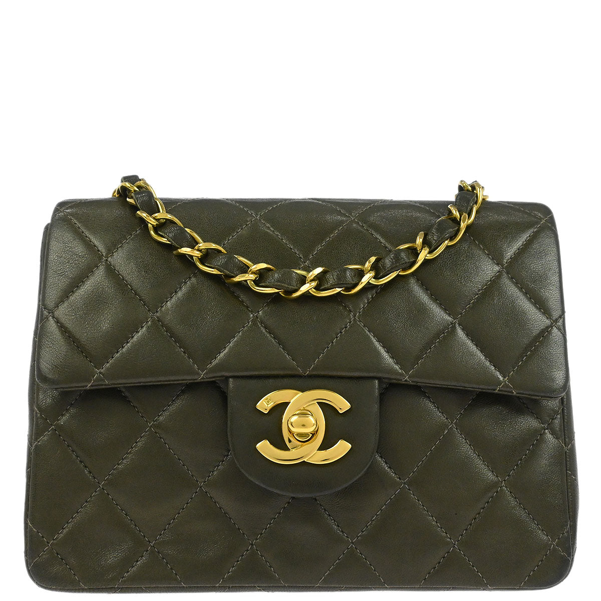 Chanel 1991-1994 Dark Green Lambskin Mini Classic Square Flap Shoulder Bag 17