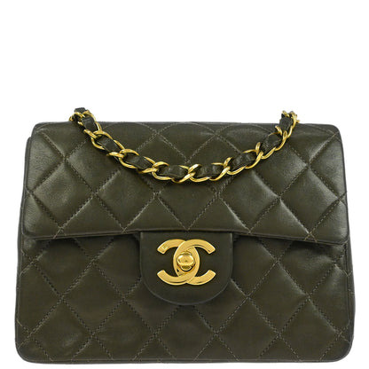 Chanel 1991-1994 Dark Green Lambskin Mini Classic Square Flap Shoulder Bag 17