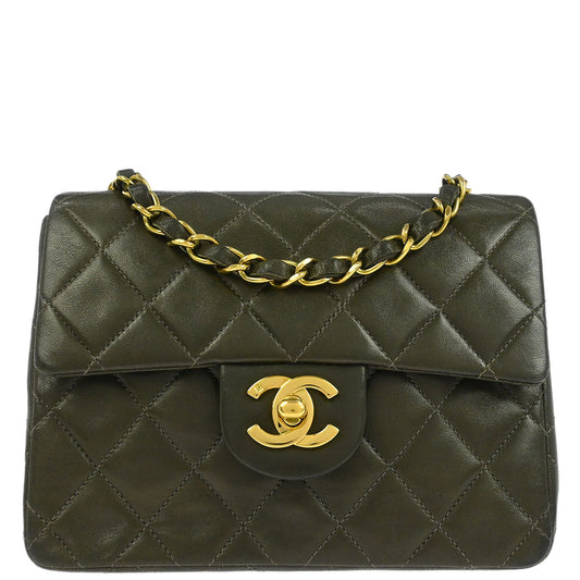 Chanel 1991-1994 Dark Green Lambskin Mini Classic Square Flap Shoulder Bag 17