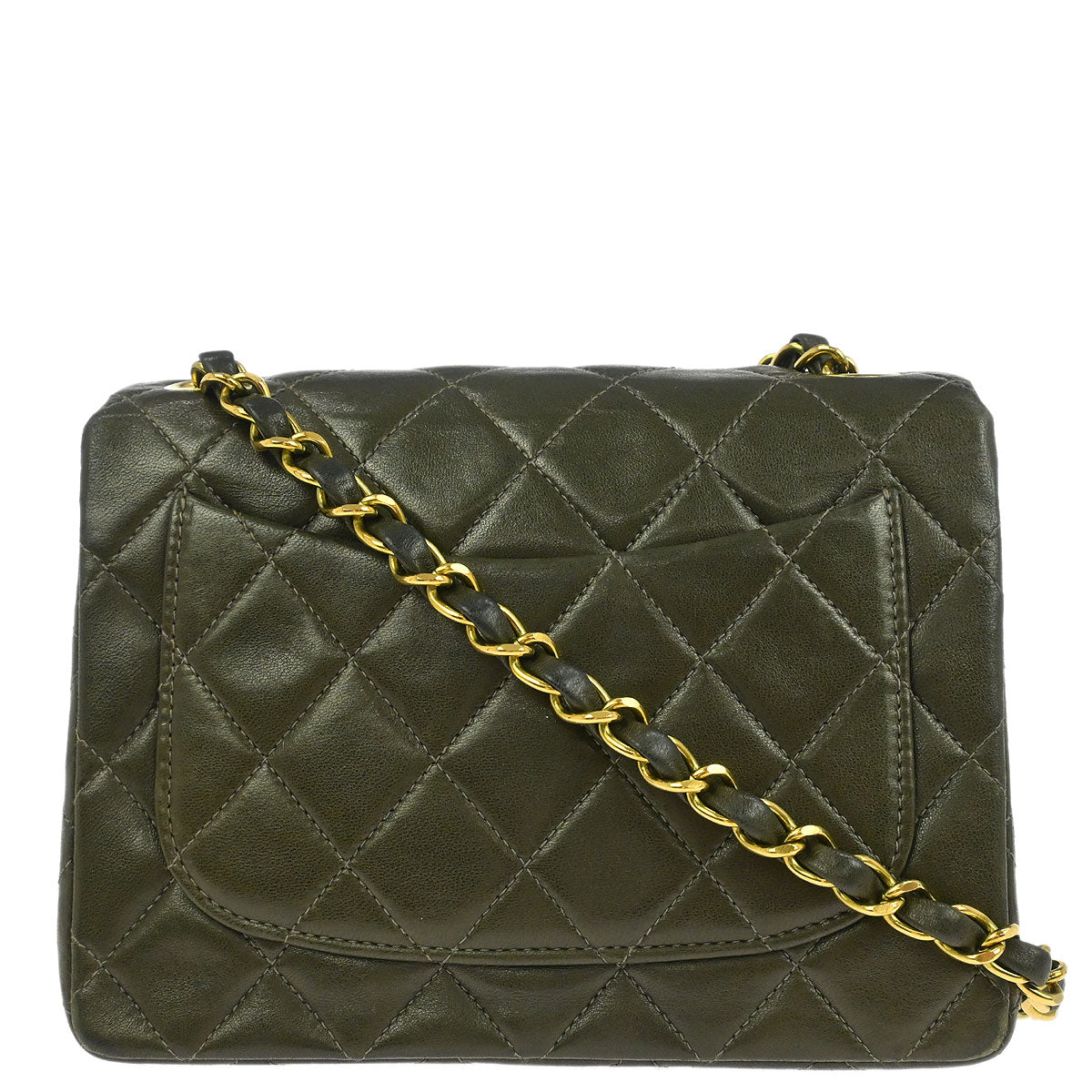 Chanel 1991-1994 Dark Green Lambskin Mini Classic Square Flap Shoulder Bag 17