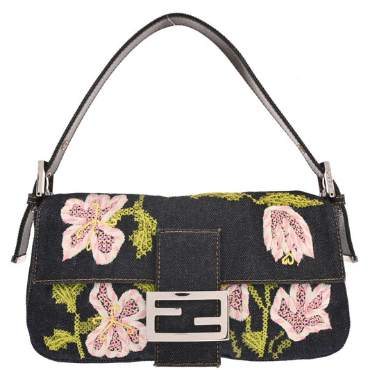 Fendi Navy Denim Flower Embroidered Baguette Handbag