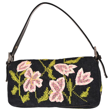 Fendi Navy Denim Flower Embroidered Baguette Handbag