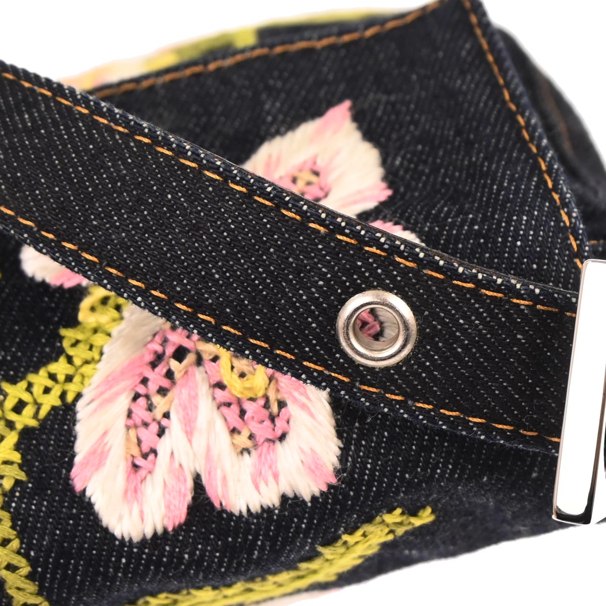 Fendi Navy Denim Flower Embroidered Baguette Handbag