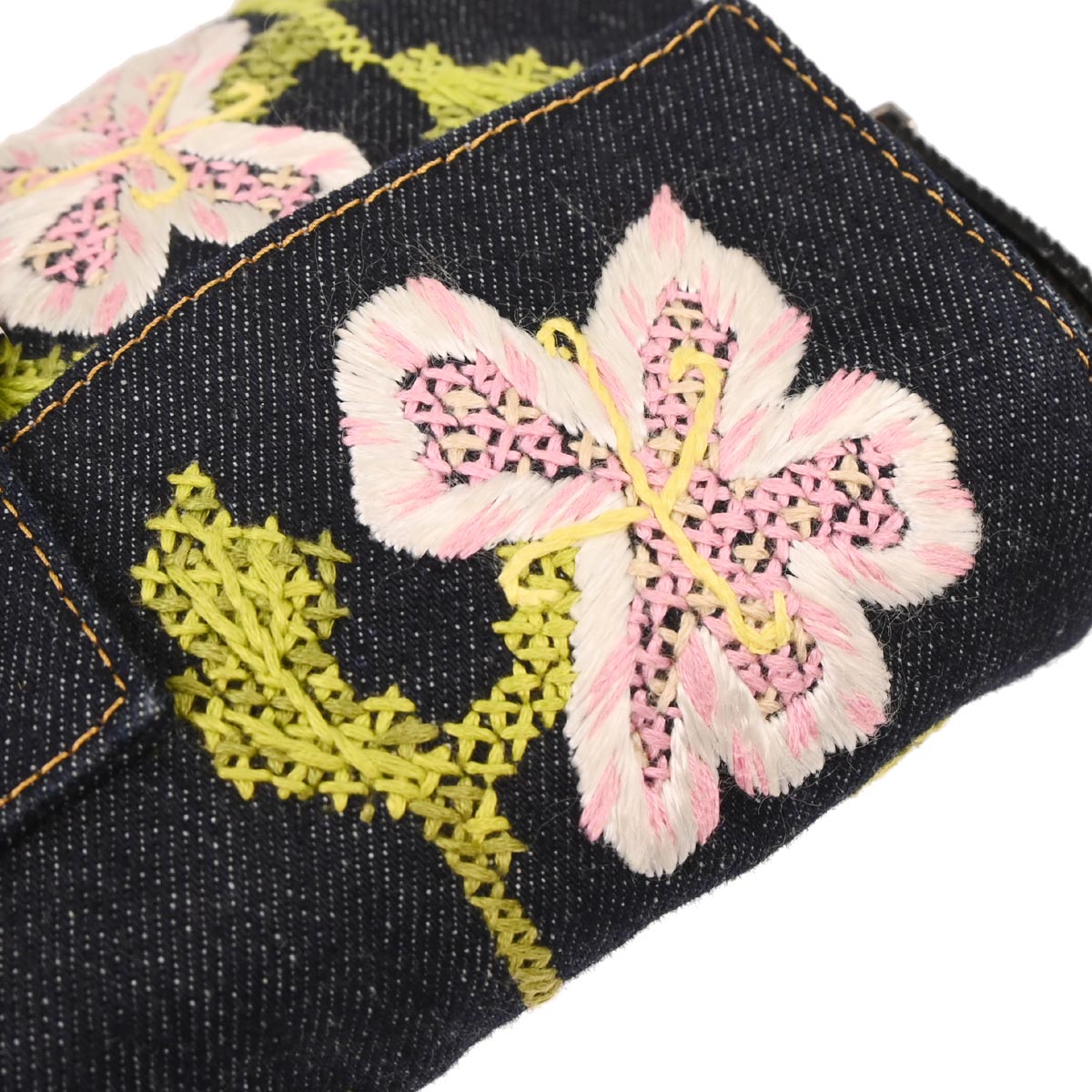 Fendi Navy Denim Flower Embroidered Baguette Handbag