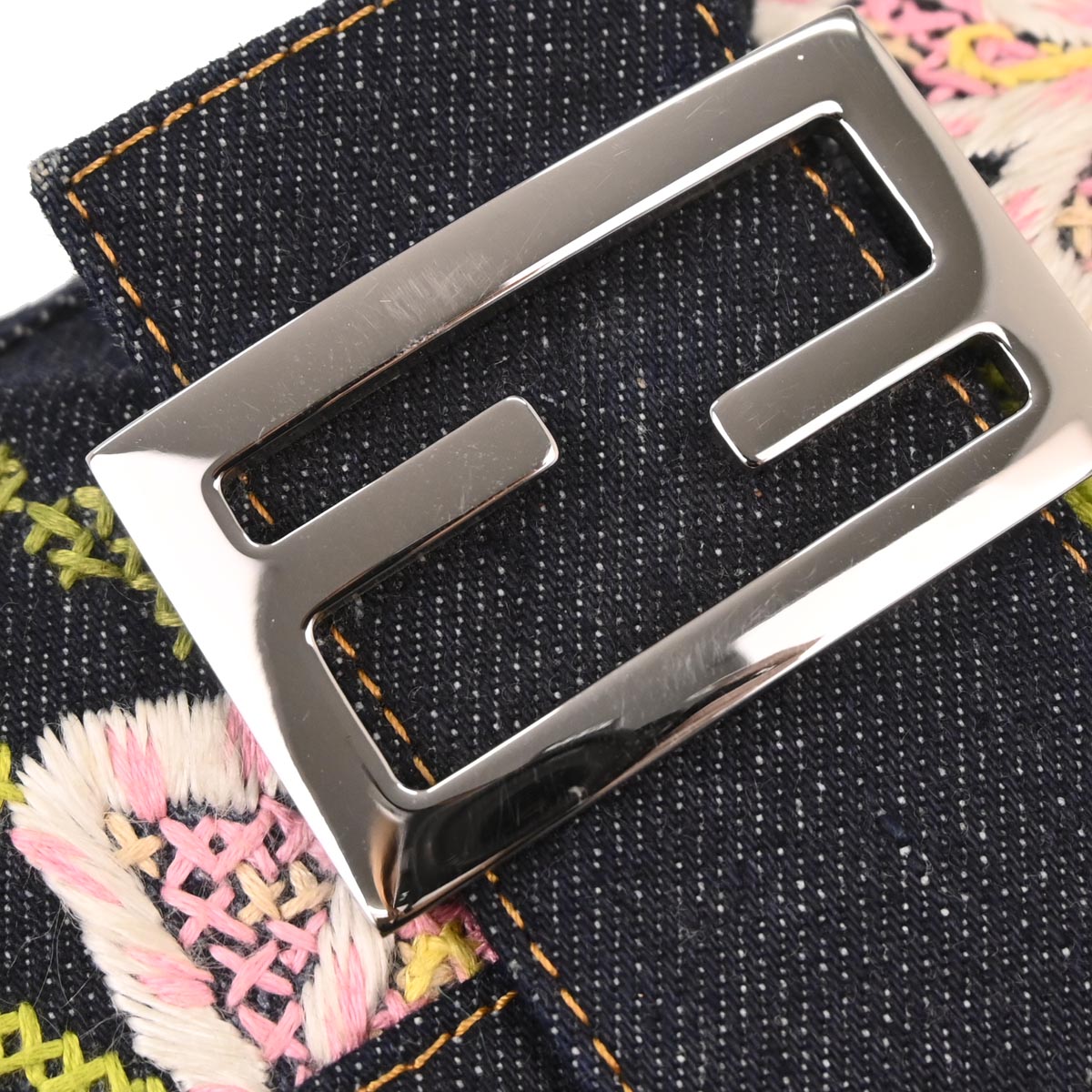 Fendi Navy Denim Flower Embroidered Baguette Handbag