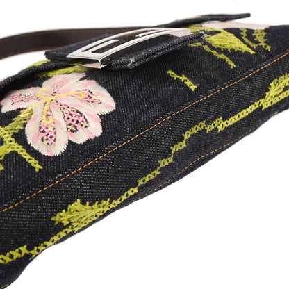 Fendi Navy Denim Flower Embroidered Baguette Handbag