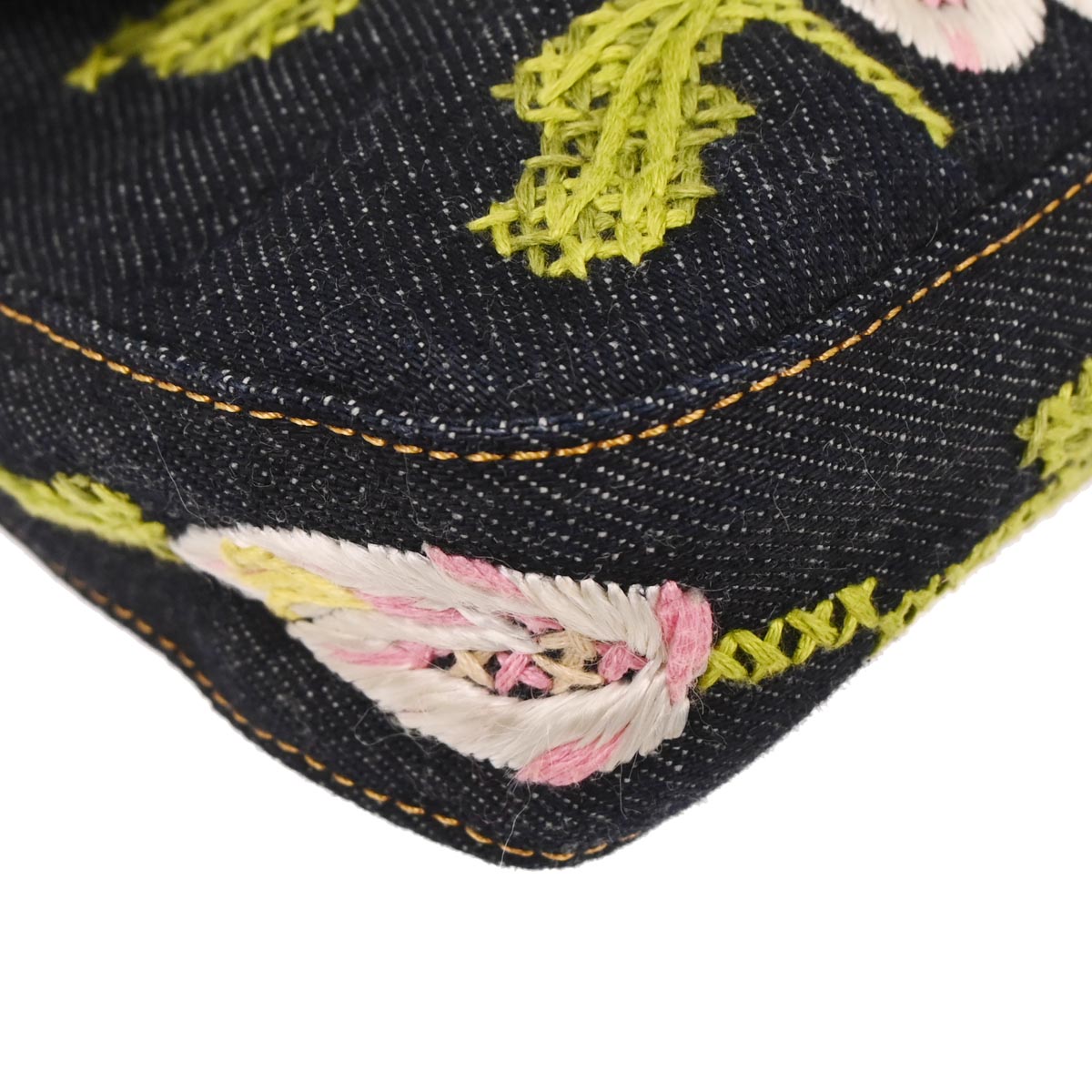 Fendi Navy Denim Flower Embroidered Baguette Handbag