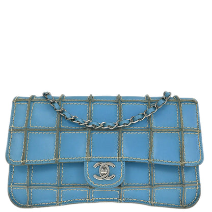 Chanel 2001-2003 Light Blue Calfskin Wild Stitch Choco Bar Waffle Shoulder Bag
