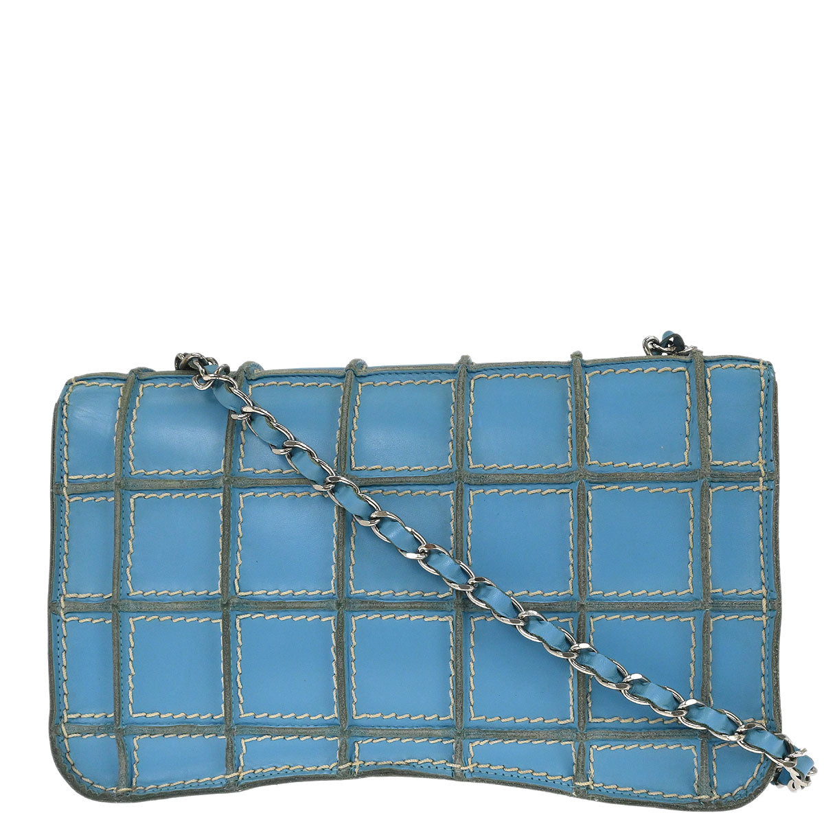 Chanel 2001-2003 Light Blue Calfskin Wild Stitch Choco Bar Waffle Shoulder Bag
