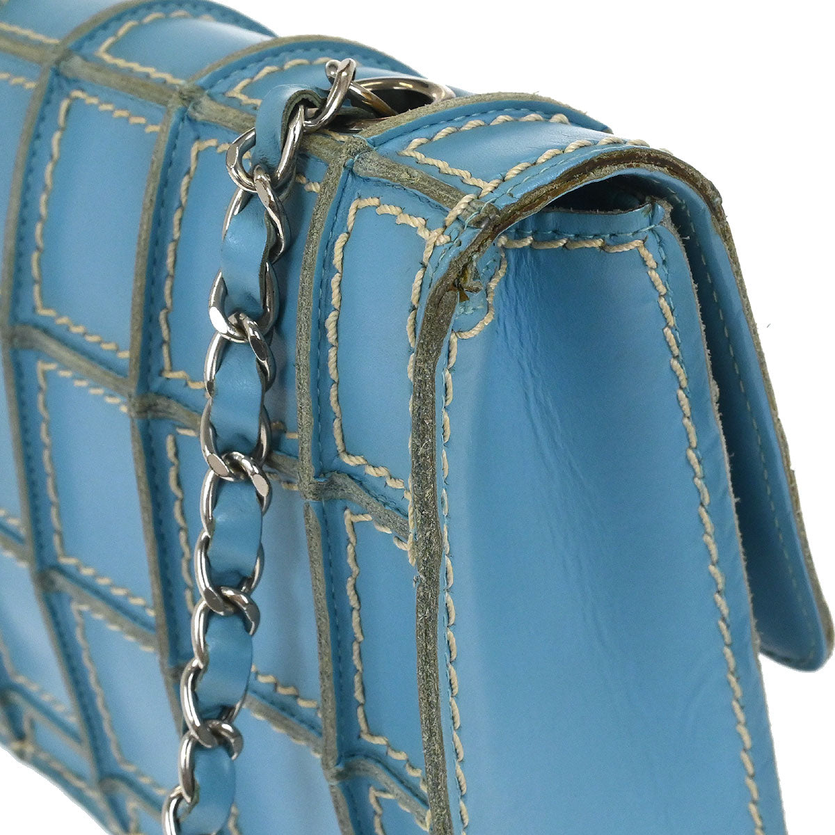 Chanel 2001-2003 Light Blue Calfskin Wild Stitch Choco Bar Waffle Shoulder Bag